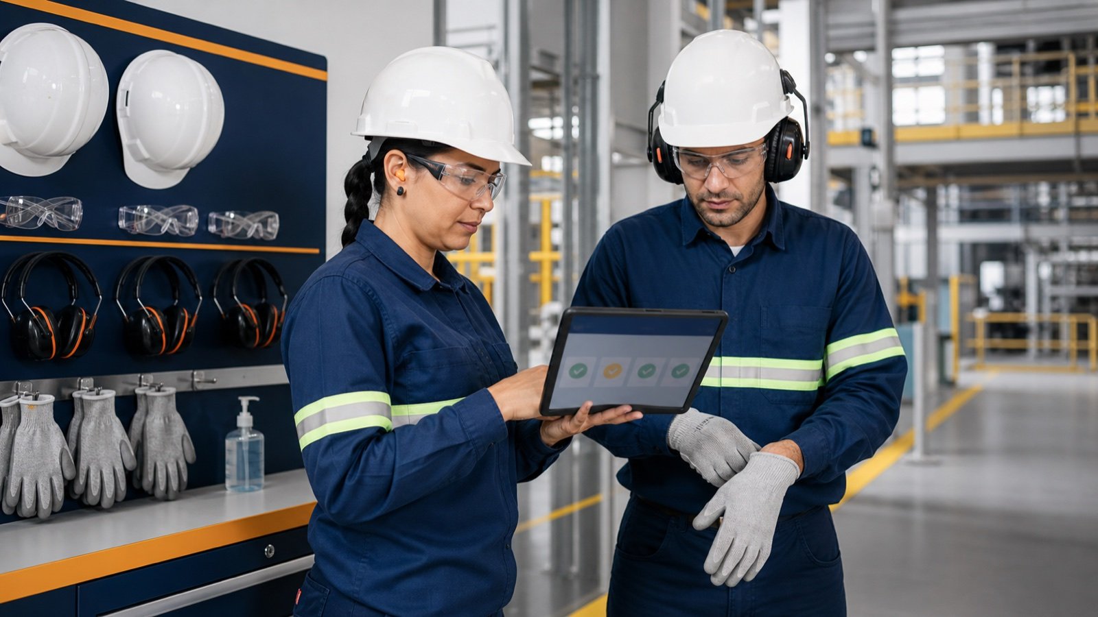 Profissionais conferindo equipamentos de proteção individual e registros digitais