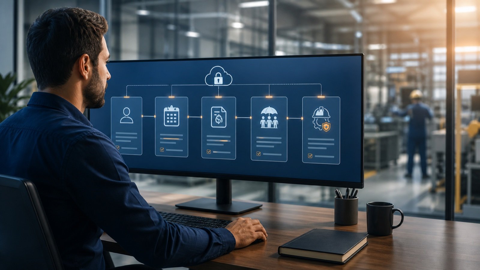 Profissional acompanhando um fluxo digital seguro de informações trabalhistas e de SST