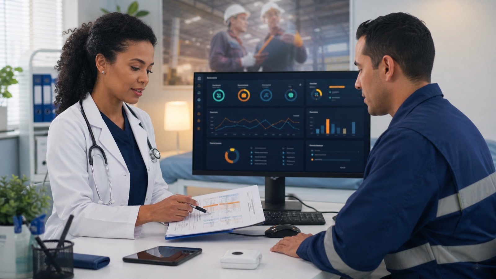 Médica do trabalho e trabalhador analisando informações de saúde ocupacional