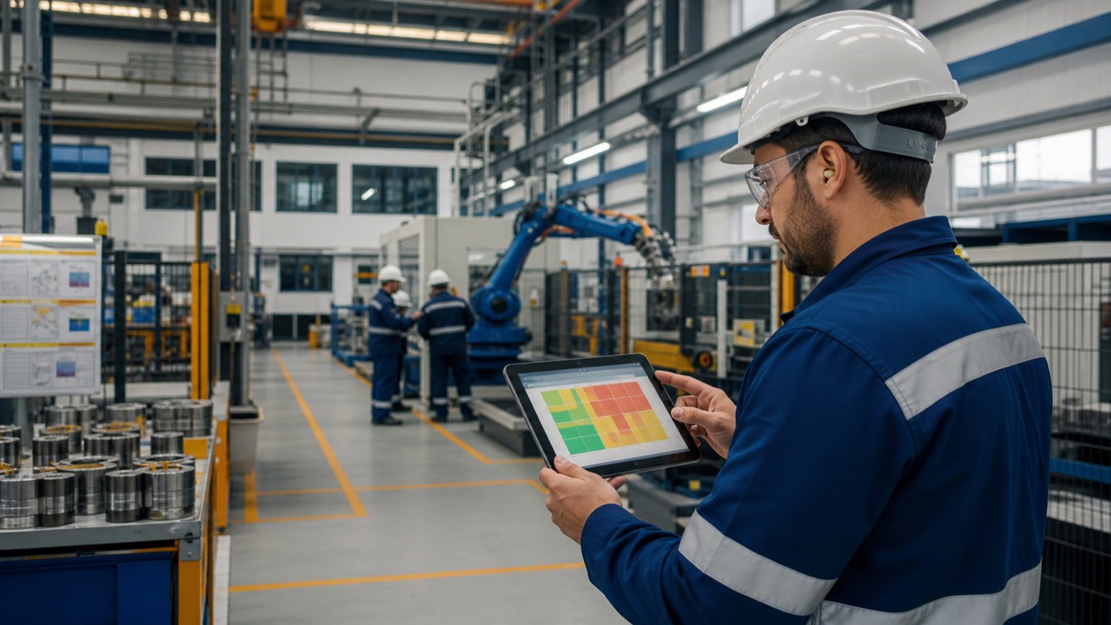 Engenheiro de segurança avaliando riscos em ambiente industrial com apoio de um tablet