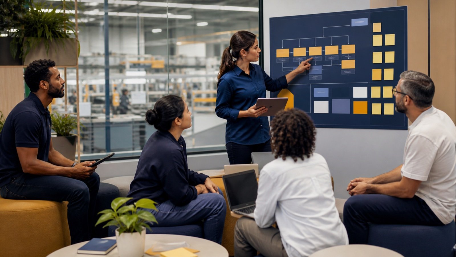 Equipe analisando organização do trabalho, demandas e fluxos de forma colaborativa